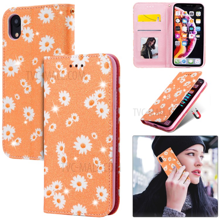 Padrão De Flash Caso O Titular Estande Pó Cartão De Couro Daisy Para Iphone XR 6.1 Polegadas - Laranja-1