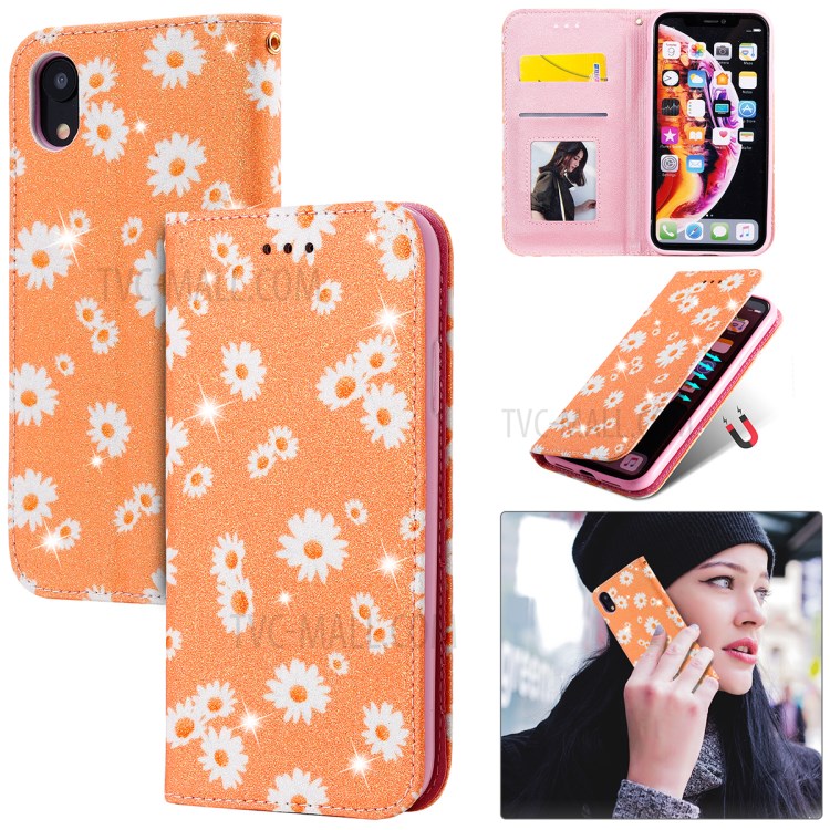 Daisy Pattern Flash Powder Stand Leather Card Holder Case for iPhone XR 6.1 inch - Orange-1