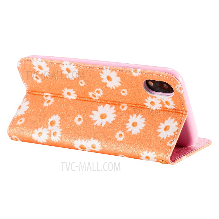 Daisy Pattern Flash Powder Stand Leather Card Holder Case for iPhone XR 6.1 inch - Orange-13