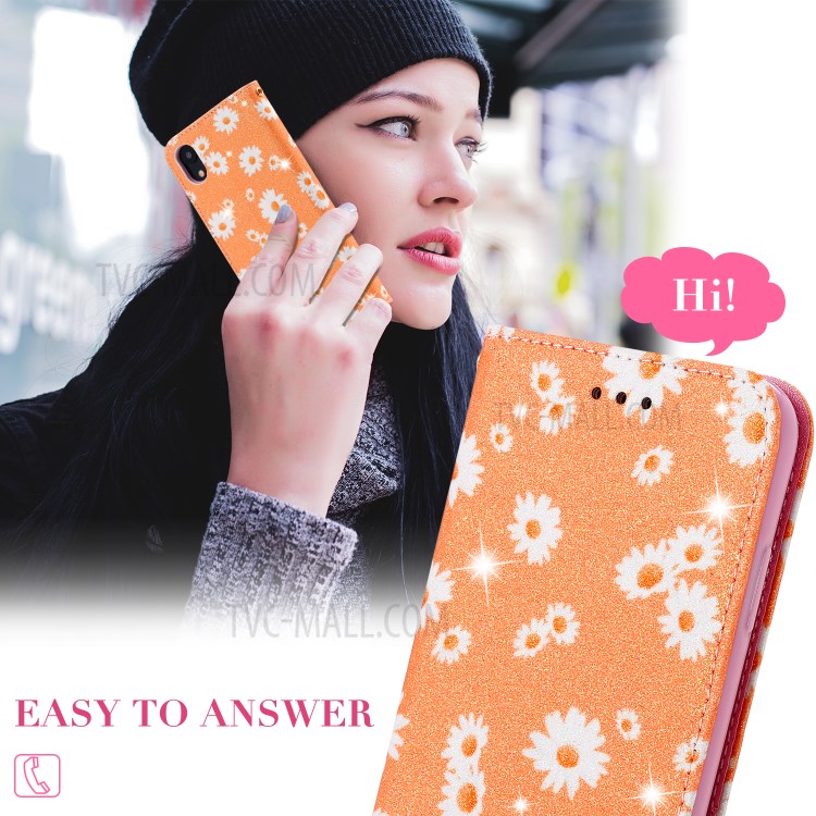 Daisy Pattern Flash Powder Stand Leather Card Holder Case for iPhone XR 6.1 inch - Orange-5