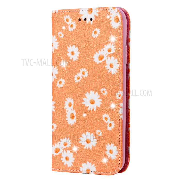 Daisy Pattern Flash Powder Stand Leather Card Holder Case for iPhone XR 6.1 inch - Orange-9