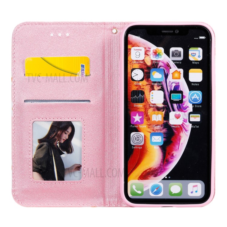 Daisy Pattern Flash Powder Stand Leather Card Holder Case for iPhone XR 6.1 inch - Pink-2