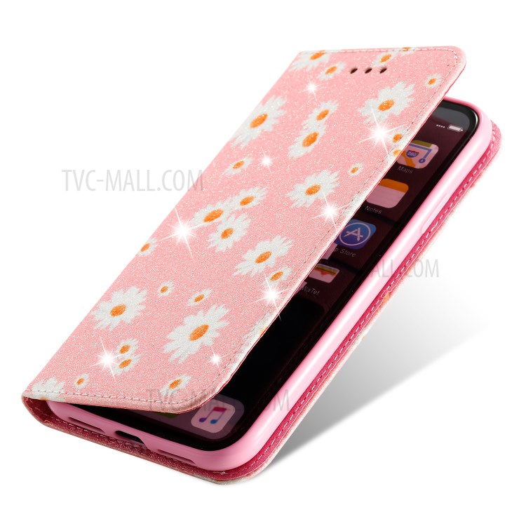 Daisy Pattern Flash Powder Stand Leather Card Holder Case for iPhone XR 6.1 inch - Pink-6