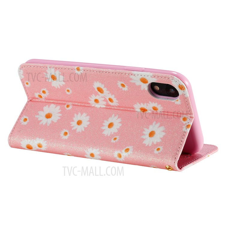 Daisy Pattern Flash Powder Stand Leather Card Holder Case for iPhone XR 6.1 inch - Pink-7