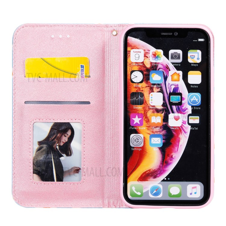 Daisy Pattern Flash Powder Stand Leather Card Holder Case for iPhone XR 6.1 inch - Blue-2