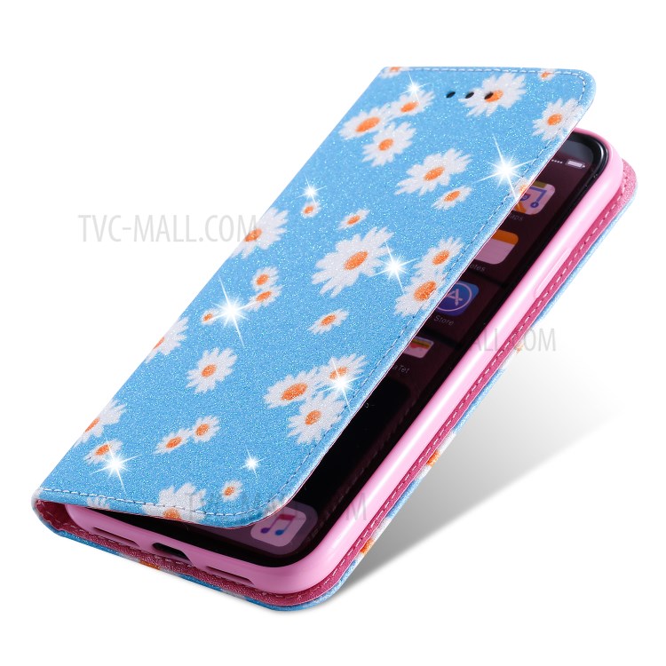 Daisy Pattern Flash Powder Stand Leather Card Holder Case for iPhone XR 6.1 inch - Blue-6