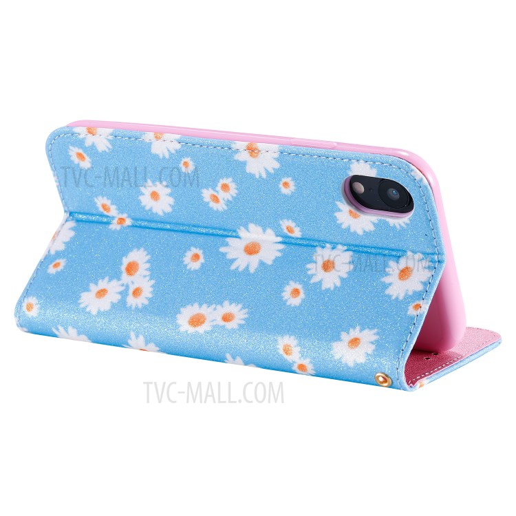 Daisy Pattern Flash Powder Stand Leather Card Holder Case for iPhone XR 6.1 inch - Blue-7