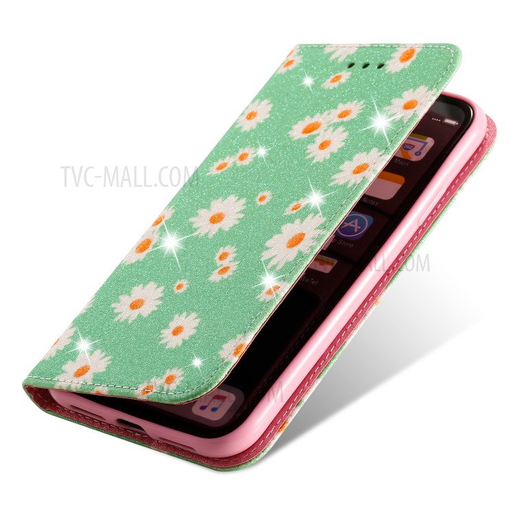 Daisy Pattern Flash Powder Stand Leather Card Holder Case for iPhone XR 6.1 inch - Green-6