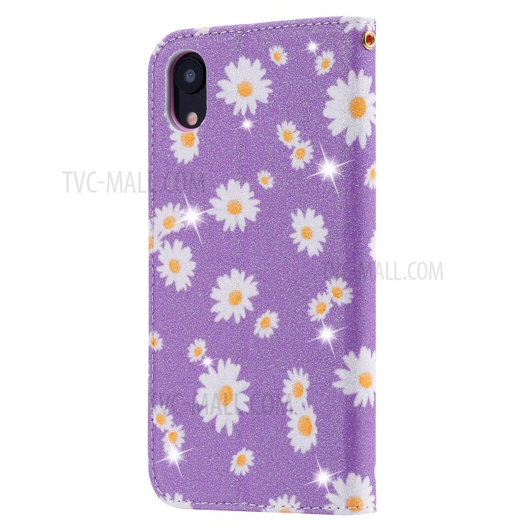 Daisy Pattern Flash Powder Stand Leather Card Holder Case for iPhone XR 6.1 inch - Purple-4