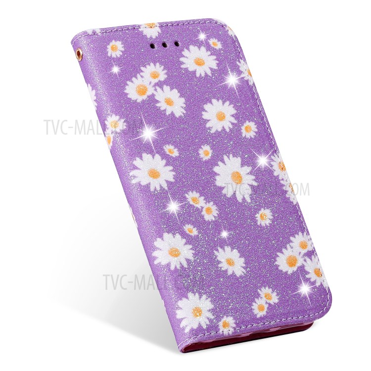 Daisy Pattern Flash Powder Stand Leather Card Holder Case for iPhone XR 6.1 inch - Purple-5