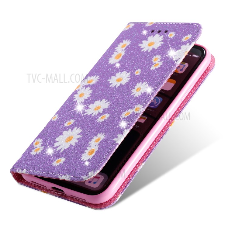 Daisy Pattern Flash Powder Stand Leather Card Holder Case for iPhone XR 6.1 inch - Purple-6