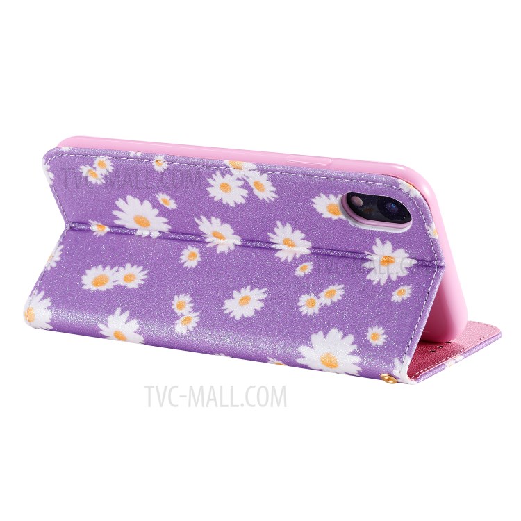 Daisy Pattern Flash Powder Stand Leather Card Holder Case for iPhone XR 6.1 inch - Purple-7