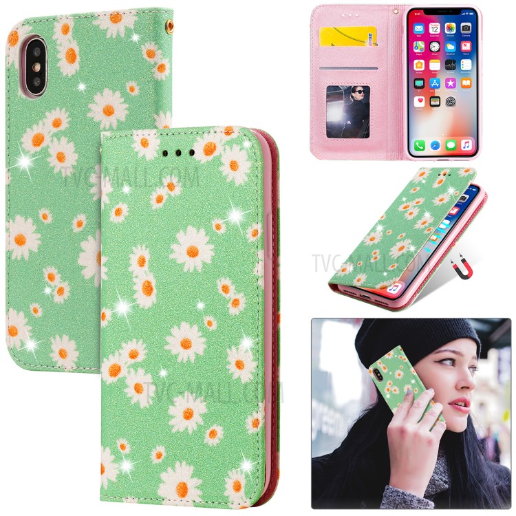 Margarida Padrão De Flash Em Pó Caso Titular PU Cartão De Couro Para O Iphone XS / X 5,8 Polegadas - Verde-1