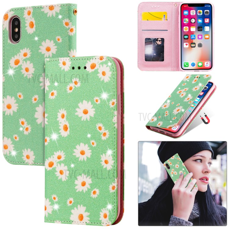 Daisy Pattern Flash Powder PU Leather Card Holder Case for iPhone XS/X 5.8 inch - Green-1