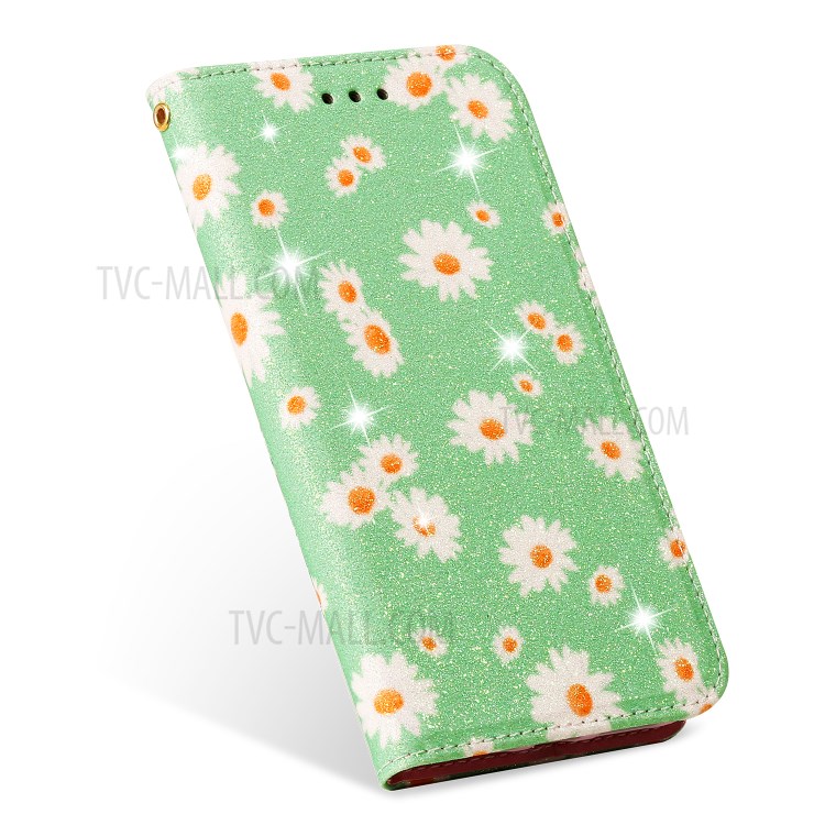 Daisy Pattern Flash Powder PU Leather Card Holder Case for iPhone XS/X 5.8 inch - Green-11