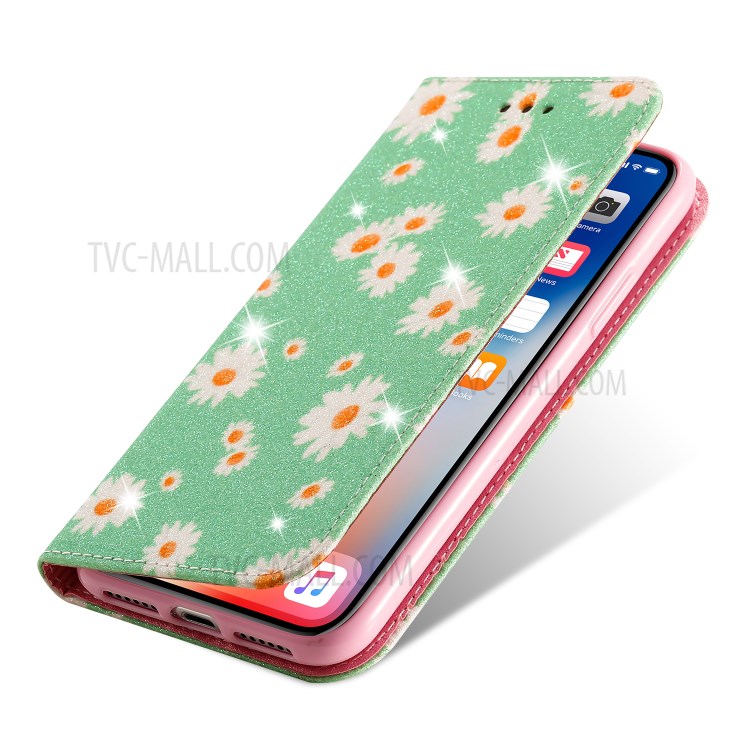 Daisy Pattern Flash Powder PU Leather Card Holder Case for iPhone XS/X 5.8 inch - Green-12