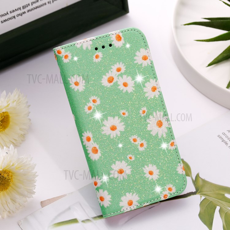 Daisy Pattern Flash Powder PU Leather Card Holder Case for iPhone XS/X 5.8 inch - Green-17