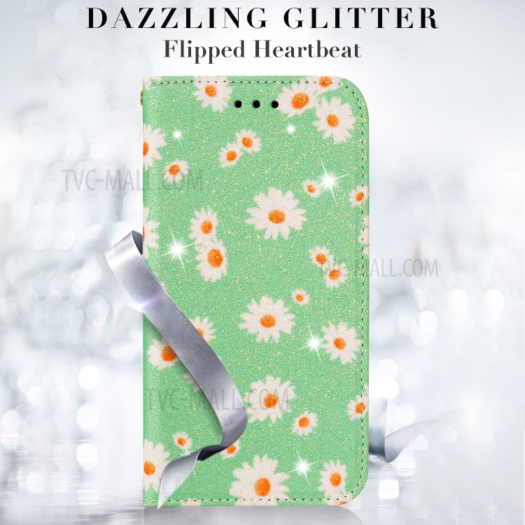 Daisy Pattern Flash Powder PU Leather Card Holder Case for iPhone XS/X 5.8 inch - Green-18