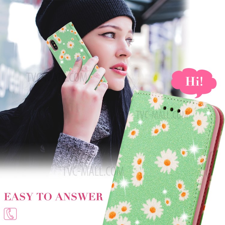 Daisy Pattern Flash Powder PU Leather Card Holder Case for iPhone XS/X 5.8 inch - Green-5