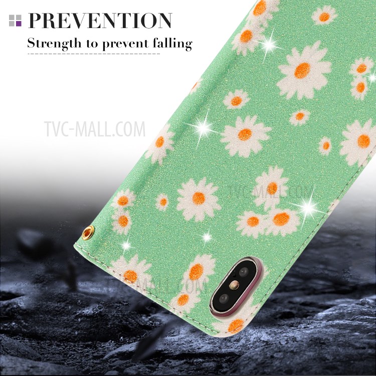 Daisy Pattern Flash Powder PU Leather Card Holder Case for iPhone XS/X 5.8 inch - Green-6