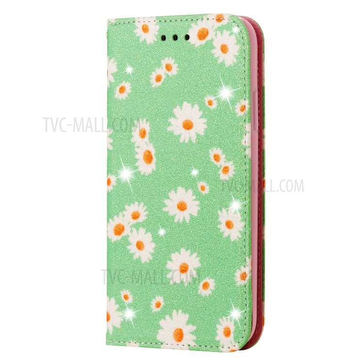 Daisy Pattern Flash Powder PU Leather Card Holder Case for iPhone XS/X 5.8 inch - Green-9