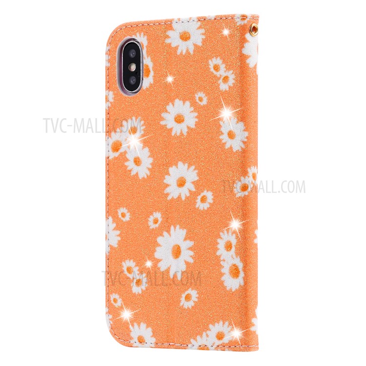 Daisy Pattern Flash Powder PU Leather Card Holder Case for iPhone XS/X 5.8 inch - Orange-4