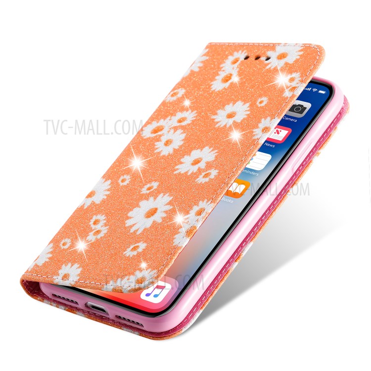 Daisy Pattern Flash Powder PU Leather Card Holder Case for iPhone XS/X 5.8 inch - Orange-6