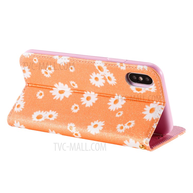 Daisy Pattern Flash Powder PU Leather Card Holder Case for iPhone XS/X 5.8 inch - Orange-7