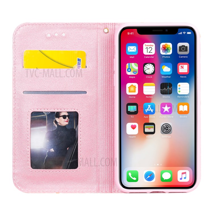 Daisy Pattern Flash Powder PU Leather Card Holder Case for iPhone XS/X 5.8 inch - Pink-2