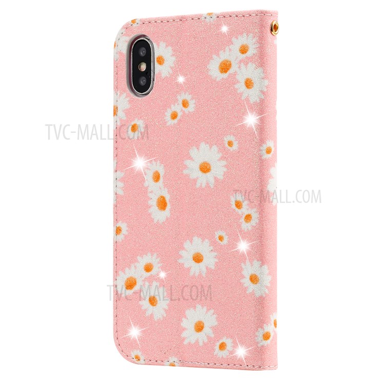Daisy Pattern Flash Powder PU Leather Card Holder Case for iPhone XS/X 5.8 inch - Pink-4