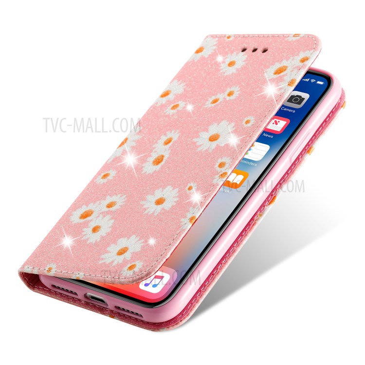 Daisy Pattern Flash Powder PU Leather Card Holder Case for iPhone XS/X 5.8 inch - Pink-6