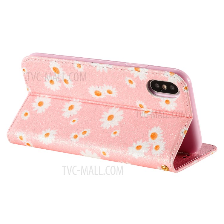 Daisy Pattern Flash Powder PU Leather Card Holder Case for iPhone XS/X 5.8 inch - Pink-7