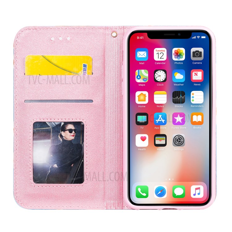 Daisy Pattern Flash Powder PU Leather Card Holder Case for iPhone XS/X 5.8 inch - Blue-2