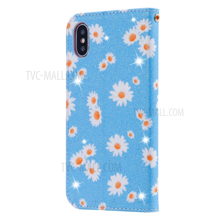 Daisy Pattern Flash Powder PU Leather Card Holder Case for iPhone XS/X 5.8 inch - Blue-4