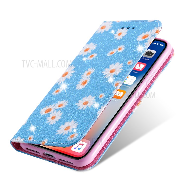 Daisy Pattern Flash Powder PU Leather Card Holder Case for iPhone XS/X 5.8 inch - Blue-6