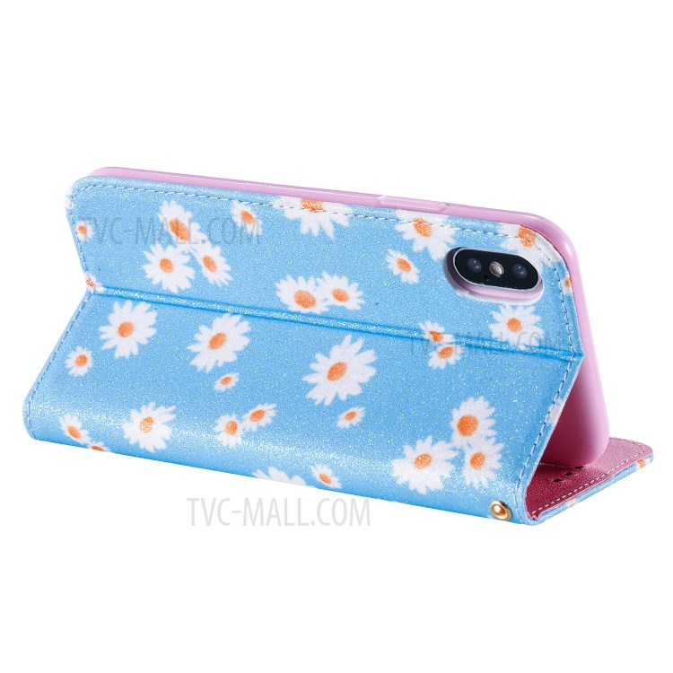 Daisy Pattern Flash Powder PU Leather Card Holder Case for iPhone XS/X 5.8 inch - Blue-7
