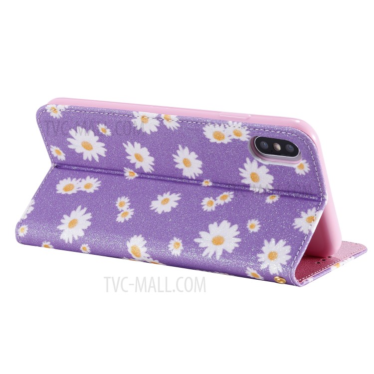 Daisy Pattern Flash Powder PU Leather Card Holder Shell for iPhone XS Max 6.5 inch - Purple-12