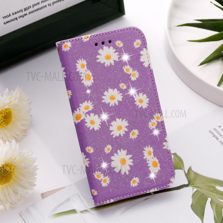 Daisy Pattern Flash Powder PU Leather Card Holder Shell for iPhone XS Max 6.5 inch - Purple-17