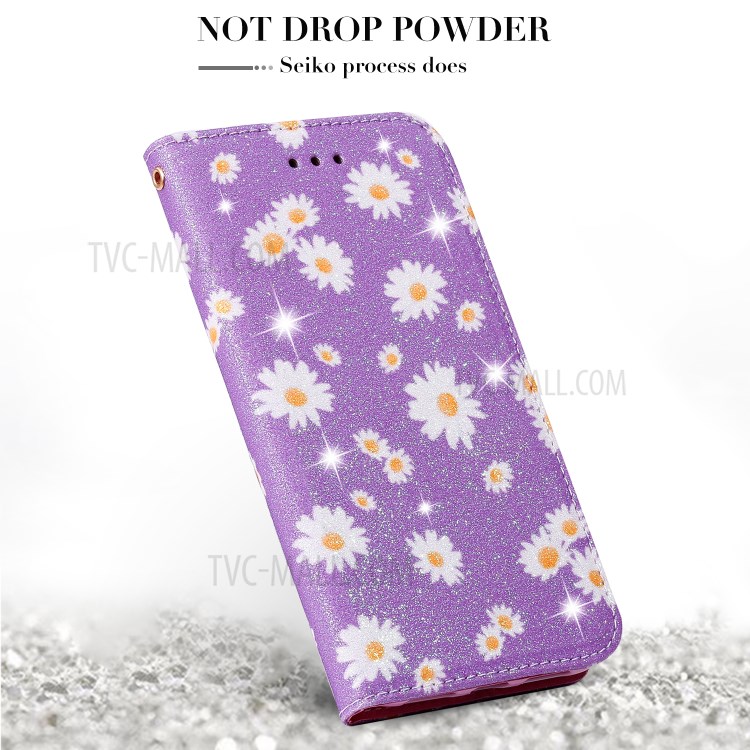 Daisy Pattern Flash Powder PU Leather Card Holder Shell for iPhone XS Max 6.5 inch - Purple-2