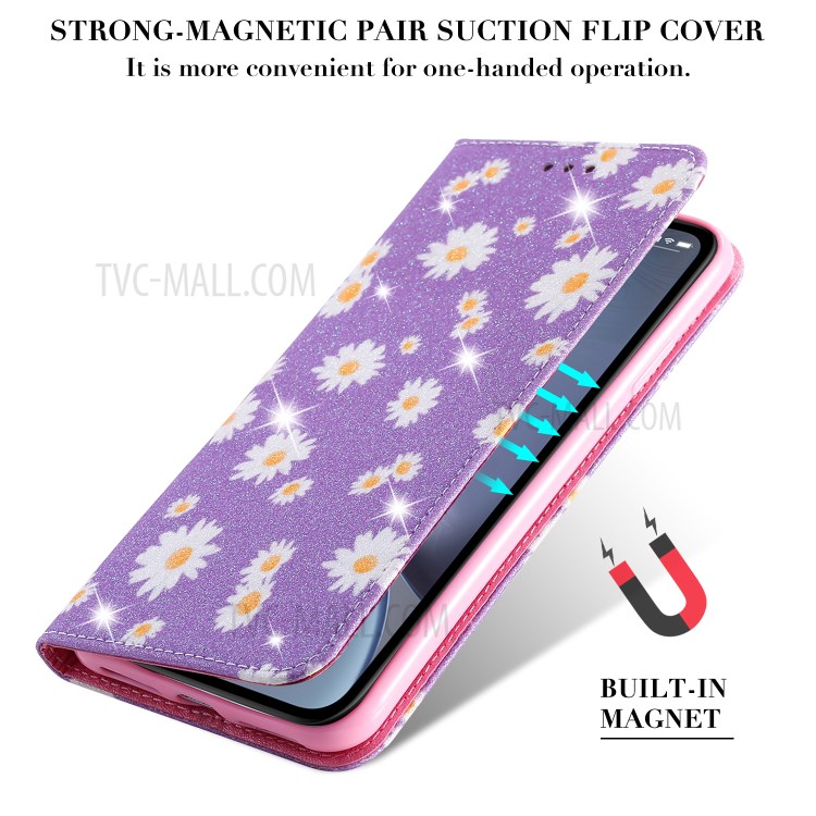 Daisy Pattern Flash Powder PU Leather Card Holder Shell for iPhone XS Max 6.5 inch - Purple-4