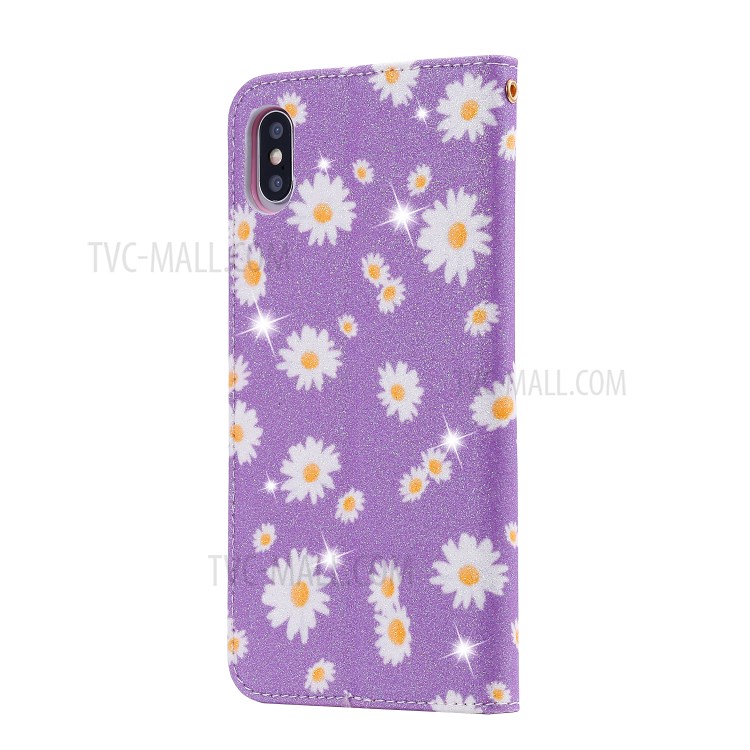 Daisy Pattern Flash Powder PU Leather Card Holder Shell for iPhone XS Max 6.5 inch - Purple-9