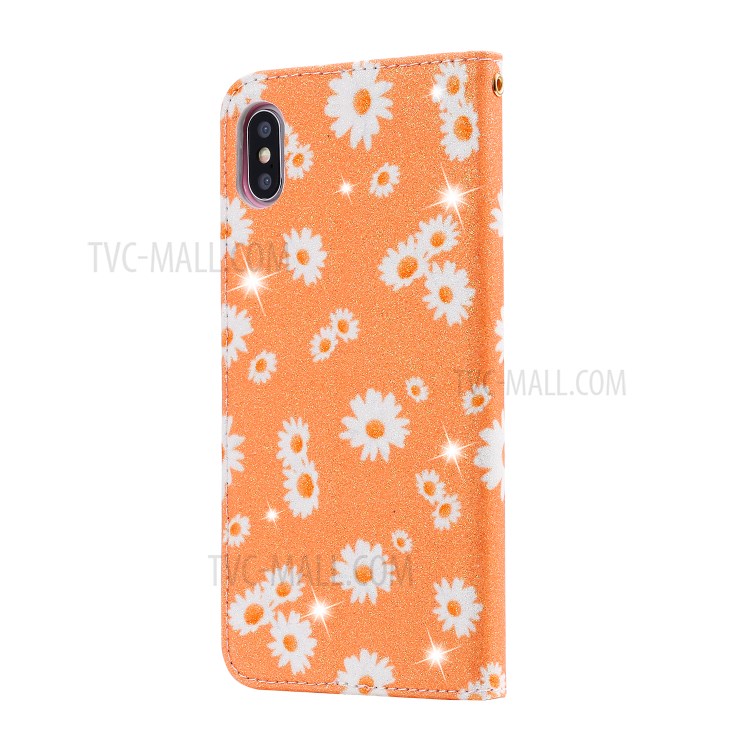 Daisy Pattern Flash Powder PU Leather Card Holder Shell for iPhone XS Max 6.5 inch - Orange-4