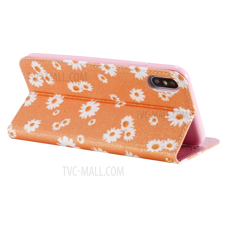 Daisy Pattern Flash Powder PU Leather Card Holder Shell for iPhone XS Max 6.5 inch - Orange-6