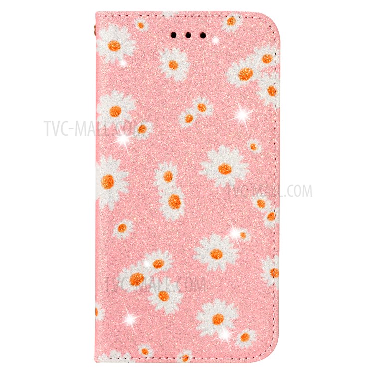 Daisy Pattern Flash Powder PU Leather Card Holder Shell for iPhone XS Max 6.5 inch - Pink-1