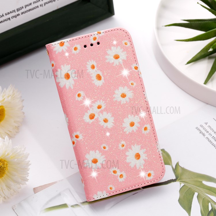 Daisy Pattern Flash Powder PU Leather Card Holder Shell for iPhone XS Max 6.5 inch - Pink-11
