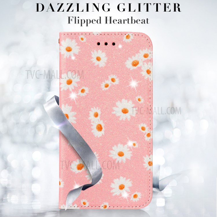 Daisy Pattern Flash Powder PU Leather Card Holder Shell for iPhone XS Max 6.5 inch - Pink-12