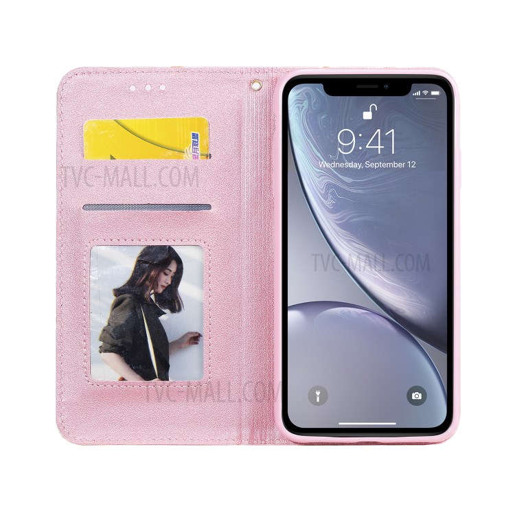 Daisy Pattern Flash Powder PU Leather Card Holder Shell for iPhone XS Max 6.5 inch - Pink-2