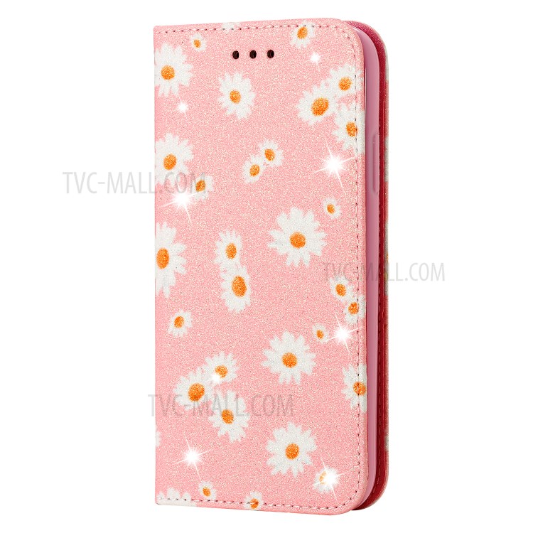 Daisy Pattern Flash Powder PU Leather Card Holder Shell for iPhone XS Max 6.5 inch - Pink-3