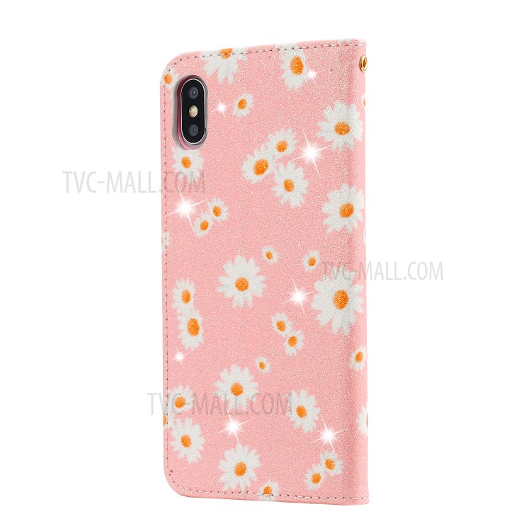 Daisy Pattern Flash Powder PU Leather Card Holder Shell for iPhone XS Max 6.5 inch - Pink-4