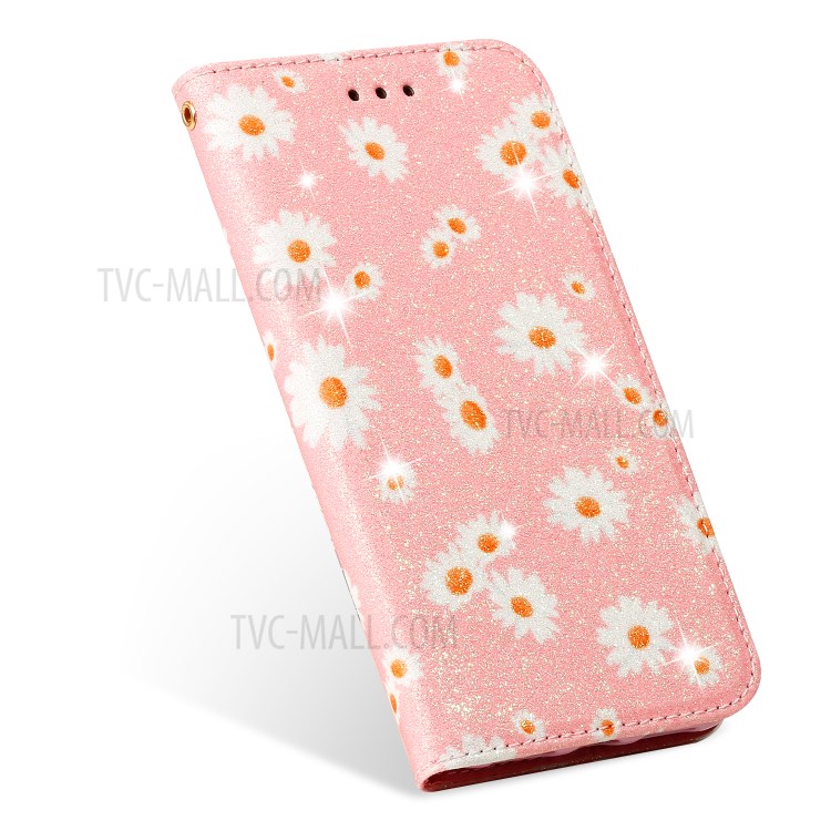 Daisy Pattern Flash Powder PU Leather Card Holder Shell for iPhone XS Max 6.5 inch - Pink-5